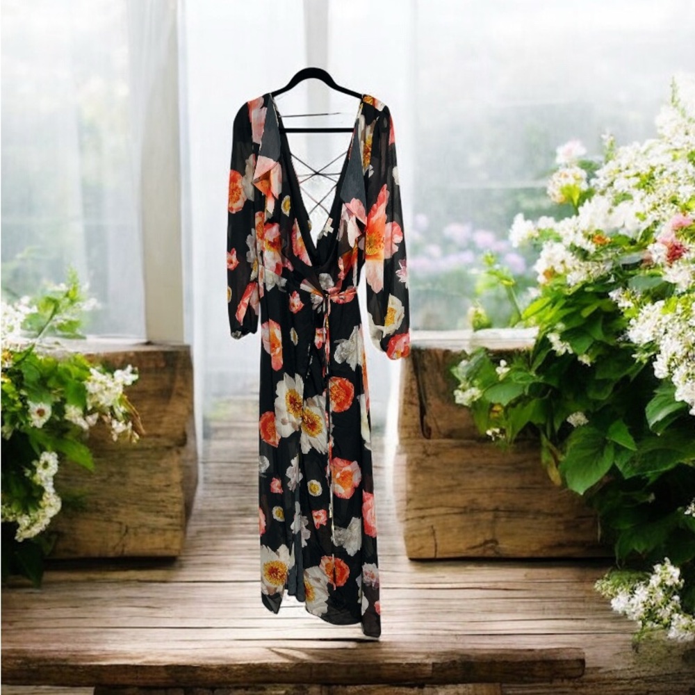 Floral Black Maxi Wrap Dress, size XL.